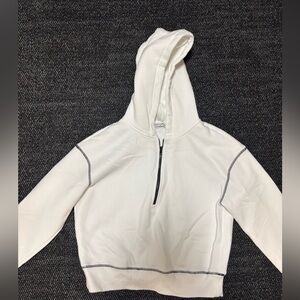 White Half-Zip Hooded Sweatshirt with Contrast Stitching